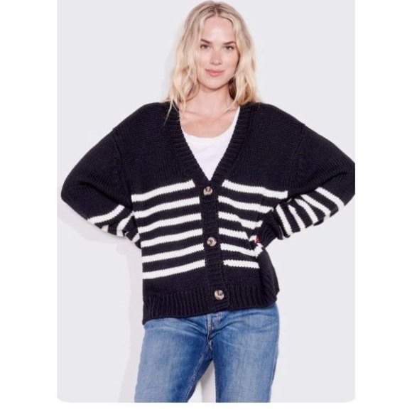 Sundry Button-up Wool Blend Black Cardigan White Stripes Size Large 3 - Picture 1 of 5